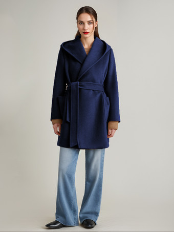 ダークネイビーウール カシミア ブレンド コート フード付き キャメル ベルト付き ダブルフェイス ショート ラップコート レディース 2025