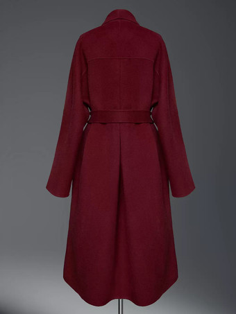 バーガンディ ウール カシミア ブレンド ラップコート レディース ラペル エレガント ベルト付き ダブルフェイス 冬アウター 2025