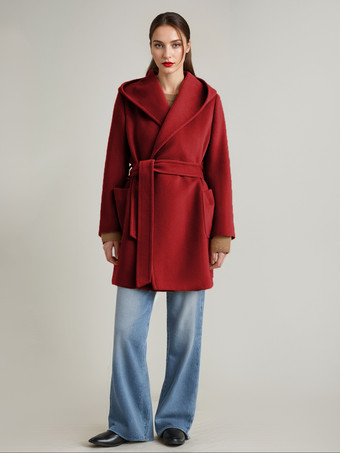 レッド ウール カシミア ブレンド コート フード付き キャメル ベルト付き ダブルフェイス ショート ラップコート レディース 2025