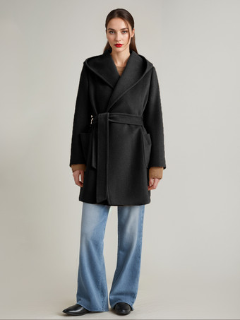 ブラック ウール カシミア ブレンド コート フード付き キャメル ベルト付き ダブルフェイス ショート ラップコート レディース 2025