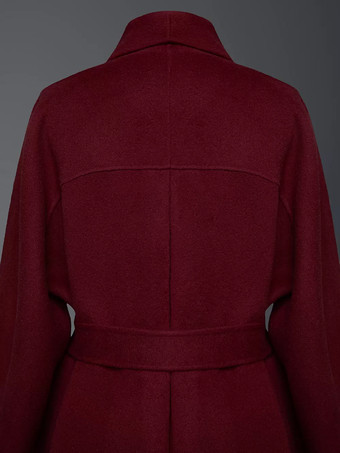 バーガンディ ウール カシミア ブレンド ラップコート レディース ラペル エレガント ベルト付き ダブルフェイス 冬アウター 2025