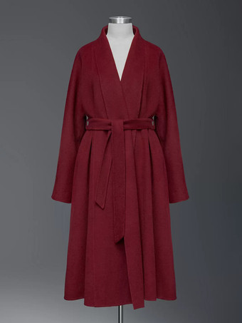 バーガンディ ウール カシミア ブレンド ラップコート レディース ラペル エレガント ベルト付き ダブルフェイス 冬アウター 2025
