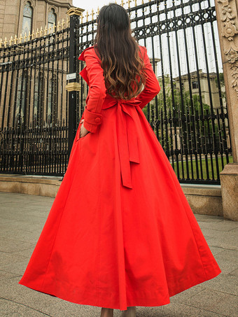 女性用トレンチコート レッド Vネック 長袖 サッシュ ストレッチ カジュアル フルレングス コート