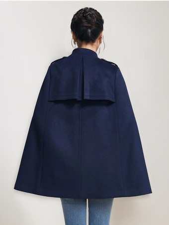 ウールケープコート レディース スタンドカラー ダークネイビー ダブルブレスト 冬用ポンチョ アウター 2025