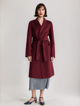 Burgundy Camel Wool Cashmere Blend Coat Lapel Belted Double-Faced Winter Outerwear For Women 2025