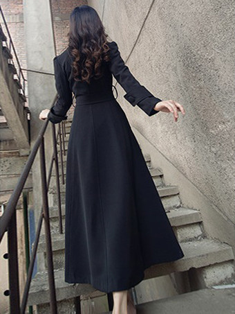 女性用トレンチコート レッド Vネック 長袖 サッシュ ストレッチ カジュアル フルレングス コート