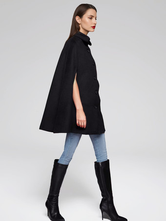 ウールブレンドケープコート ターンダウンカラー ブラックポンチョ オーバーサイズアウターウェア レディース 2025