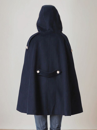 フード付きウールブレンドケープコート ダークネイビー ダブルブレスト オーバーサイズ 冬用ポンチョ レディース 2025