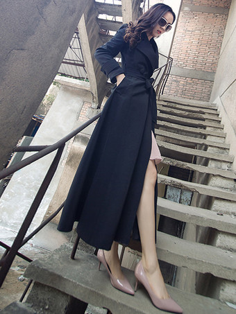 ブラック 女性用トレンチコート レッド Vネック 長袖 サッシュ ストレッチ カジュアル フルレングス コート