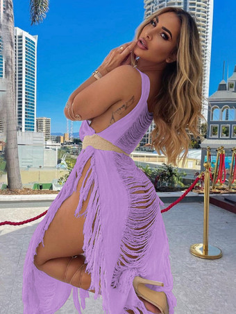 パープル マキシドレスジュエルネックノースリーブポリエステルセクシーな床の長さのドレス