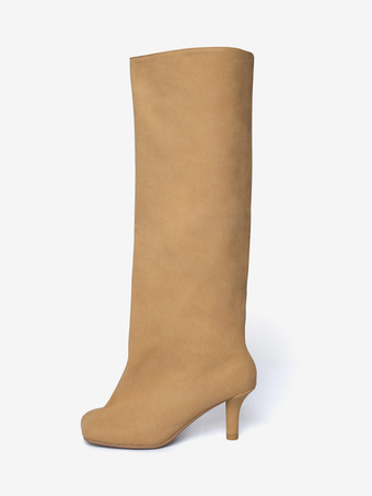 ディープアプリコットスエードニーハイブーツ ワイドカーフ レディース スクエアトゥデザイン ハイヒールブーツ