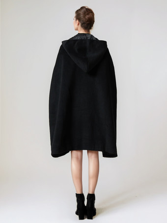 フード付きブラックウールケープコート オーバーサイズポンチョ 冬アウター レディース 2025