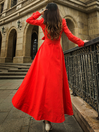 女性用トレンチコート レッド Vネック 長袖 サッシュ ストレッチ カジュアル フルレングス コート