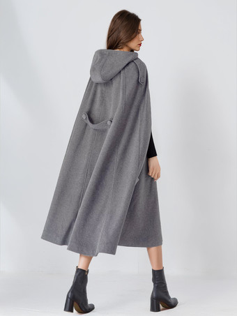 ウールブレンドケープコート レディース フード付き グレー オーバーサイズ ロング ポンチョ アウターウェア 2025