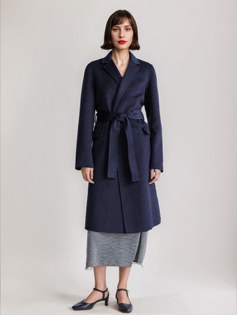 Dark NavyCamel Wool Cashmere Blend Coat Lapel Belted Double-Faced Winter Outerwear For Women 2025