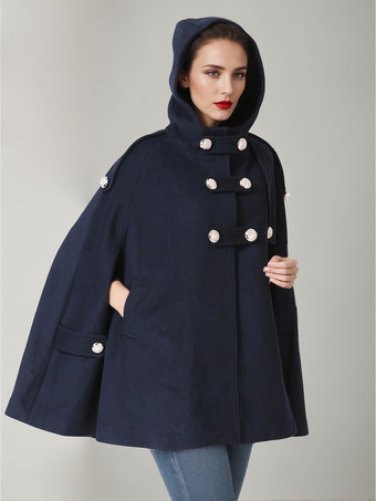 フード付きウールブレンドケープコート ダークネイビー ダブルブレスト オーバーサイズ 冬用ポンチョ レディース 2025