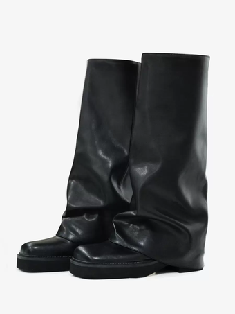 ブラック レディース スエード フラットブーツ ラウンドトゥ ルーシュ フォールドオーバー ニーハイブーツ