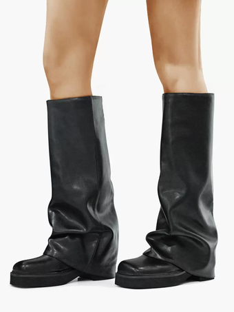 レディース スエード フラットブーツ ラウンドトゥ ルーシュ フォールドオーバー ニーハイブーツ