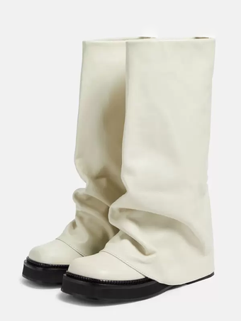 ホワイト レディース スエード フラットブーツ ラウンドトゥ ルーシュ フォールドオーバー ニーハイブーツ