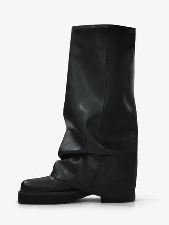 レディース スエード フラットブーツ ラウンドトゥ ルーシュ フォールドオーバー ニーハイブーツ