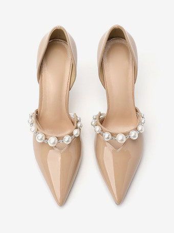 ヌード キトゥンヒール パンプス ポインテッドトゥ パールディテール プロム ウェディングシューズ