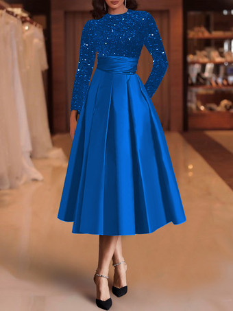 ダズリンブルーイブニングドレス ボールガウン ジュエルネック サテン生地 ティーレングス スパンコール フォーマルパーティードレス