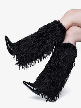 Black Faux Feather Knee High Boots Women's Pointed Toe High Heel Boots