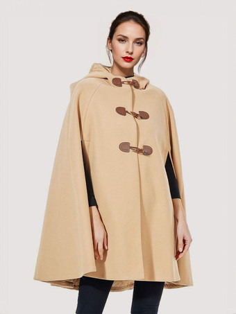 トグルボタンポンチョフード付きエレガント特大ケープソリッドカラー