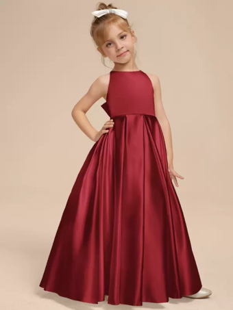 ワインレッド ホワイトフラワーガールドレス アイボリーサテン生地 ノースリーブ Vネックフラワーガールドレス