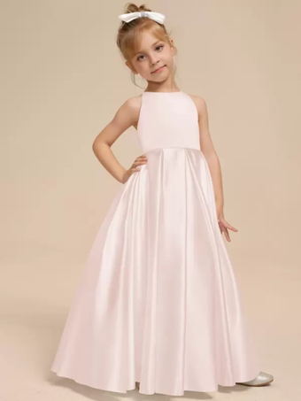 ソフトピンクホワイトフラワーガールドレス アイボリーサテン生地 ノースリーブ Vネックフラワーガールドレス