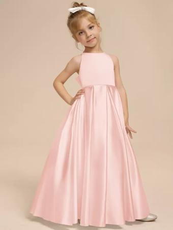 ピンクホワイトフラワーガールドレス アイボリーサテン生地 ノースリーブ Vネックフラワーガールドレス