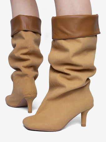 スエードニーハイブーツ ワイドカーフ レディース スクエアトゥデザイン ハイヒールブーツ