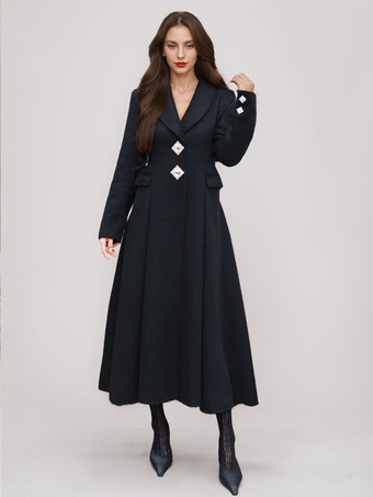 ブラック ホワイトウールカシミアブレンドフレアコートラペルダブルフェイス冬アウターウェア2025