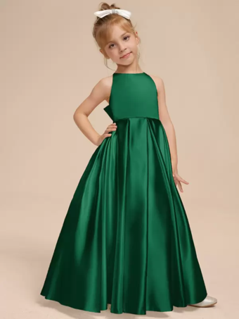 ダークグリーンホワイトフラワーガールドレス アイボリーサテン生地 ノースリーブ Vネックフラワーガールドレス