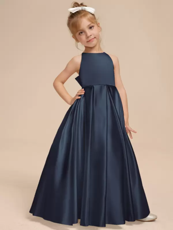 ダークネイビーホワイトフラワーガールドレス アイボリーサテン生地 ノースリーブ Vネックフラワーガールドレス