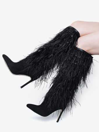 ブラックニーハイブーツ レディース フェザーディテール スティレットヒール ニーレングスブーツ