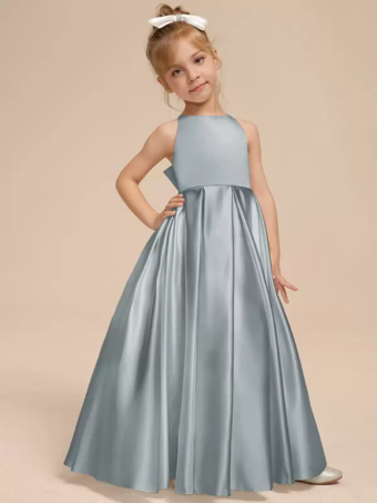 グレーブルーホワイトフラワーガールドレス アイボリーサテン生地 ノースリーブ Vネックフラワーガールドレス