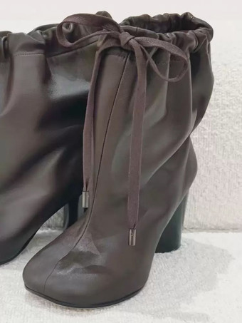 ブラウン レディース アンクルブーツ スクエアトゥ ブラック デザイン レースアップ ブーティ