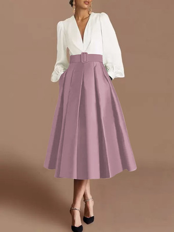 サーモンピンクプロムドレス ボールガウン Vネック サテン生地 長袖 サッシュ ページェントドレス