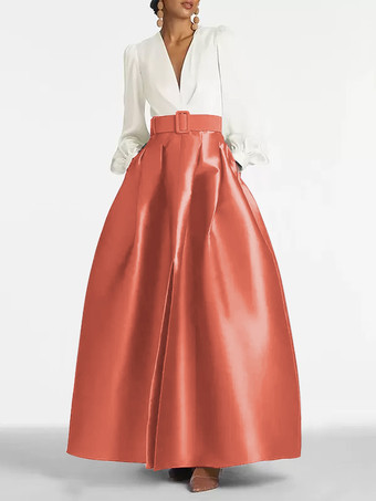 ブリックレッドイブニングドレス プリンセスシルエット Vネック フロアレングス ロングスリーブ ジッパーサッシュ サテン生地 フォーマルパーティードレス