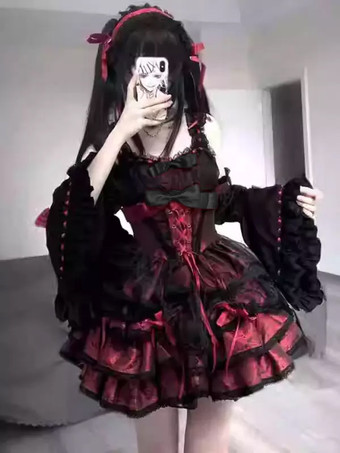 Vestidos góticos de lolita con lazos y cordones en jacquard negro