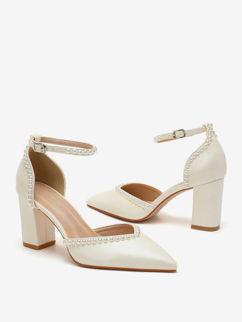 ホワイトウェディングシューズ ポインテッドトゥ パールブロックヒール ブライダルパンプス