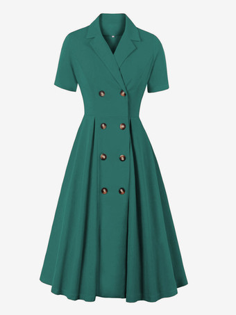 グリーン 1950年代オードリー・ヘップバーン風　レトロドレス　Vネック　半袖　二次会　お呼ばれ　発表会　ロングロカビリードレス