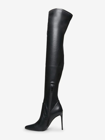 ブラック 赤いサイハイブーツ、つま先が尖ったハイヒール、伸縮性のあるオーバーニーブーツ