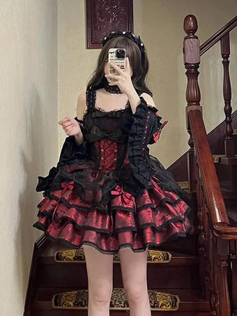 Vestidos góticos de lolita con lazos y cordones en jacquard negro