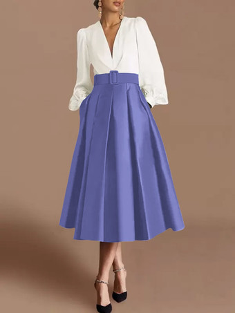 バイオレットプロムドレス ボールガウン Vネック サテン生地 長袖 サッシュ ページェントドレス