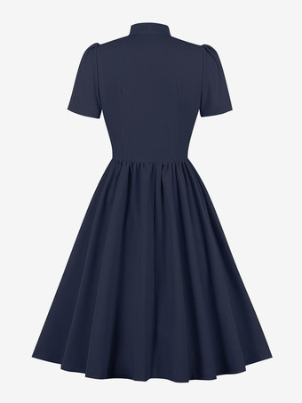 レトロワンピース　1950年代オードリー・ヘップバーン風　ネイビー　半袖　二次会　お呼ばれ　発表会　スイングドレス