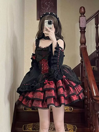Vestidos góticos de lolita con lazos y cordones en jacquard negro