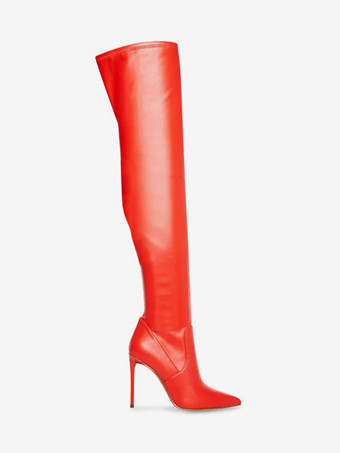 赤いサイハイブーツ、つま先が尖ったハイヒール、伸縮性のあるオーバーニーブーツ