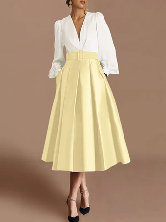 スイセン色プロムドレス ボールガウン Vネック サテン生地 長袖 サッシュ ページェントドレス